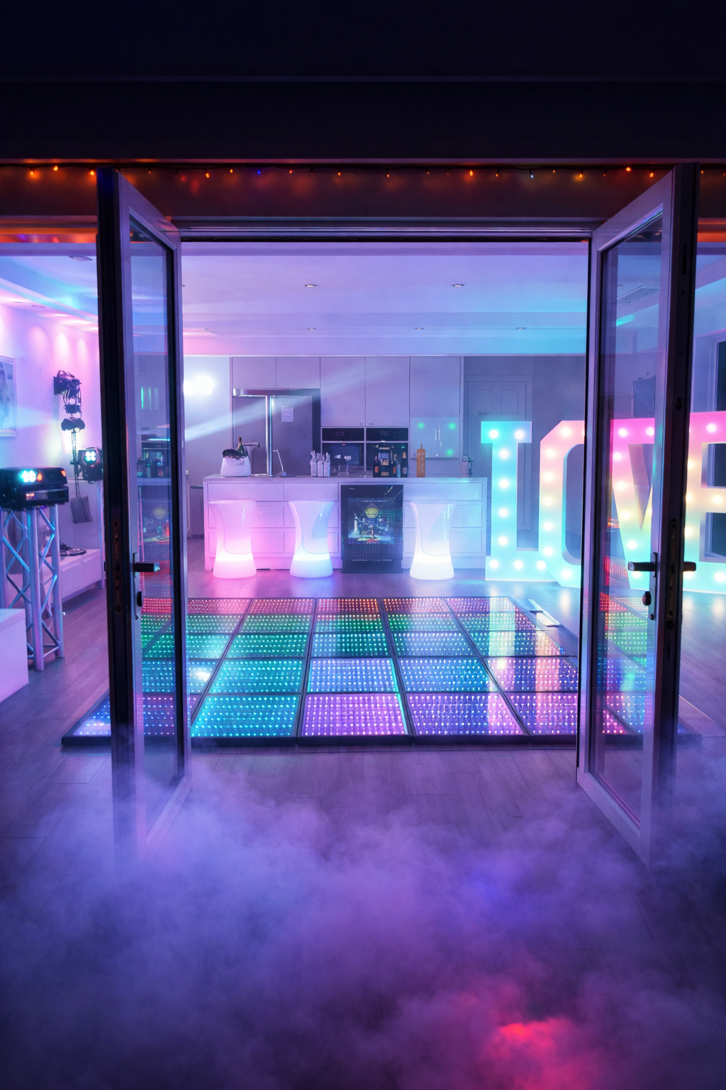 A bespoke indoor party setup — LED 3D dancefloor, LED LOVE letters, LED bar with light-up stools, smoke and lighting inside a residential home